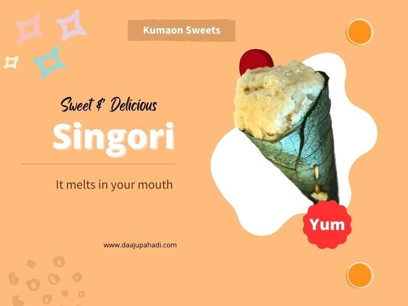 A cone-shaped sweet dish called Singori wrapped in a green leaf and garnished with a cherry. Singori is a speciality of Kumaon, a region in the Himalayas.