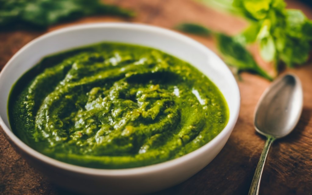 A bowl of homemade bhang ki chutney, a spicy and tangy sauce made from hemp seeds, green chillies, lemon juice, mint leaves, and salt. It is a traditional dish from Uttarakhand, India. The chutney is served with a spoon and garnished with fresh herbs on a wooden table.
